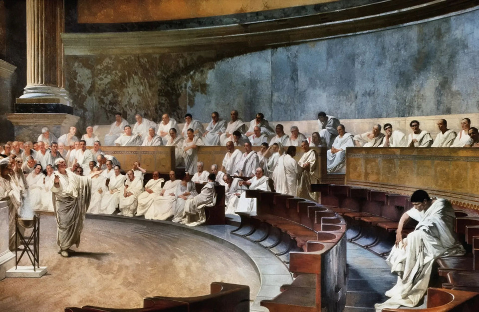 Affriscu di Cesare Maccari, a Palazzu Madama a Roma, ca rapprisenta Ciciruni mentri prununzia unu di li so' discursi contra Catilina.